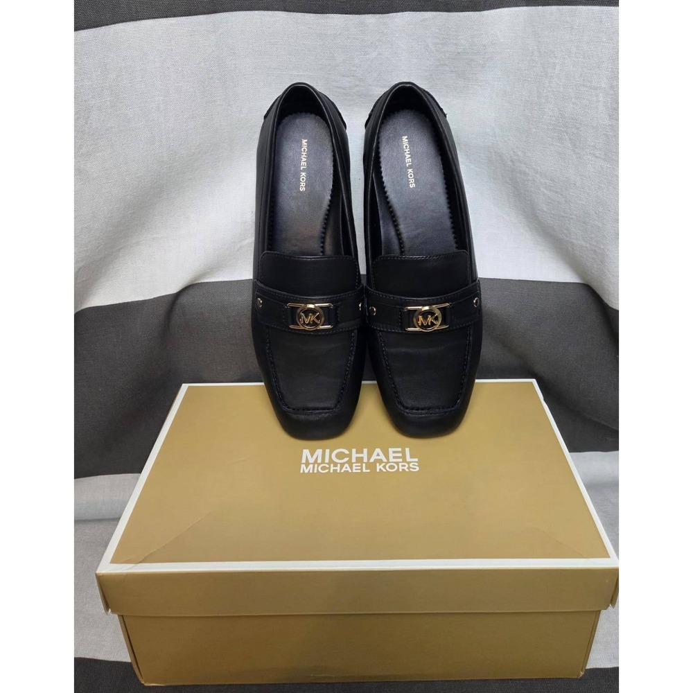 Michael Kors Mandy Loafer Moc Black Leather Square Toe Logo Buckle Shoe - Picture 3 of 10